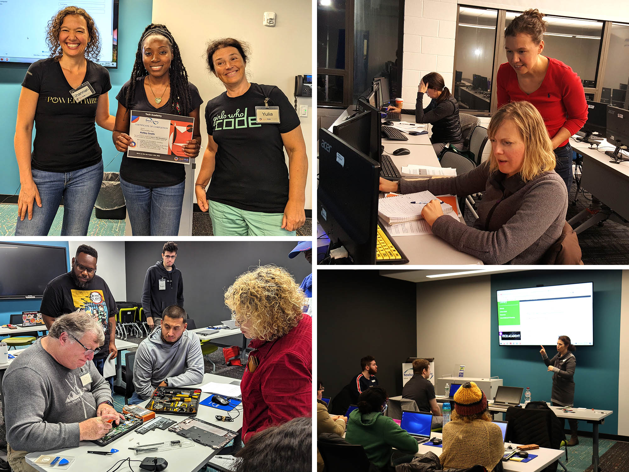 A collage of four scenes of OpenHub adult students having fun learning new tech skills and showing off their certificates of achievement.