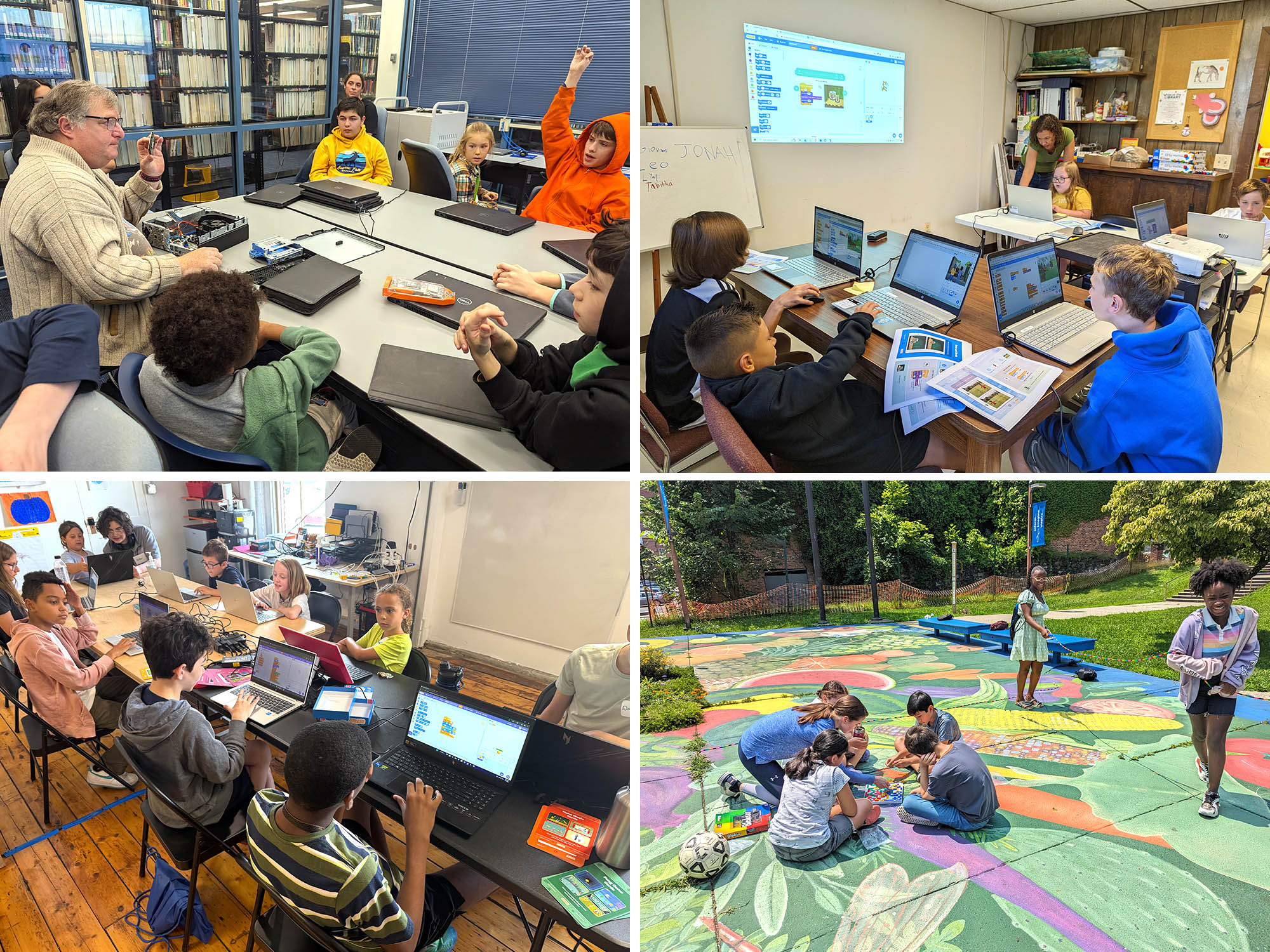 A collage of four scenes of OpenHub youth students having fun learning new tech skills and playing collaboration games.